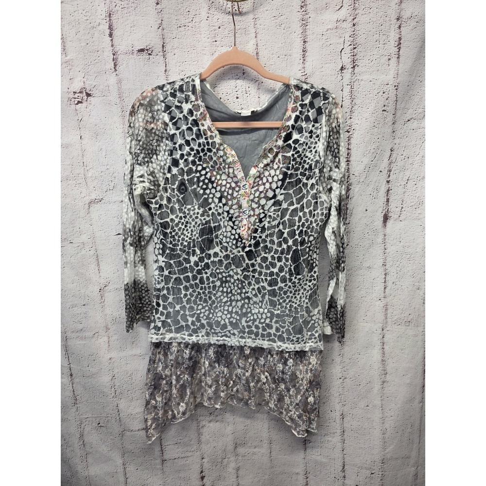 Kamana Tunic Womens M Gray White 3/4 Sleeve Frayed Edge Flare Layered
